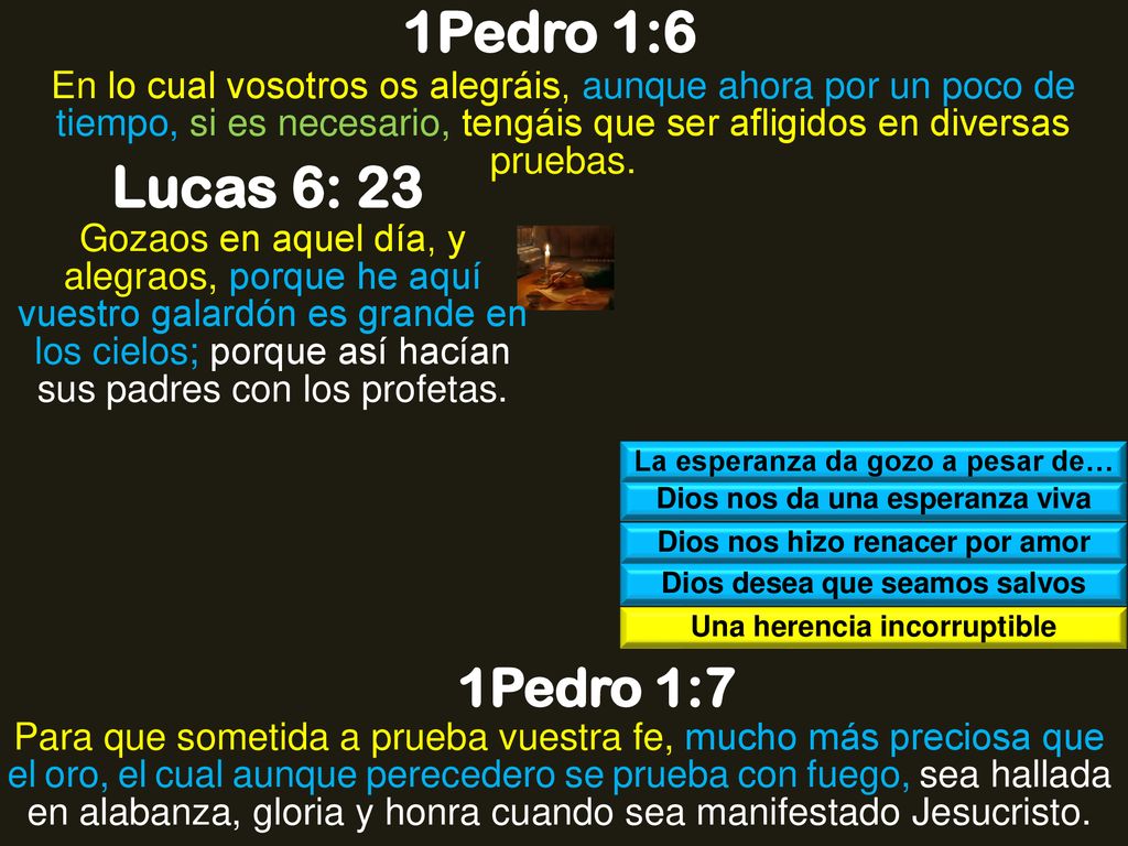 1Pedro 1:6 En lo cual vosotros os alegráis, aunque ahora por un poco de tiempo, si es necesario, tengáis que ser afligidos en diversas pruebas.