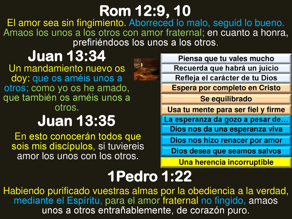 Rom 12:9, 10 Juan 13:34 Juan 13:35 1Pedro 1:22