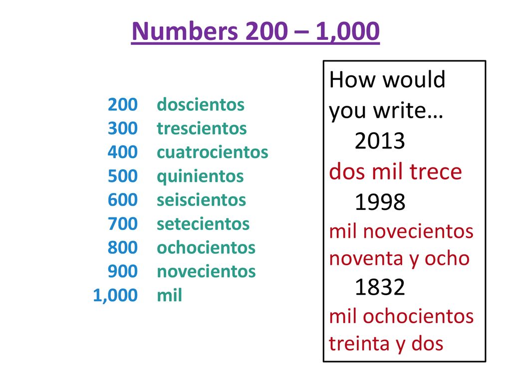 Numbers 200 – 1,000 How would you write… 2013 dos mil trece