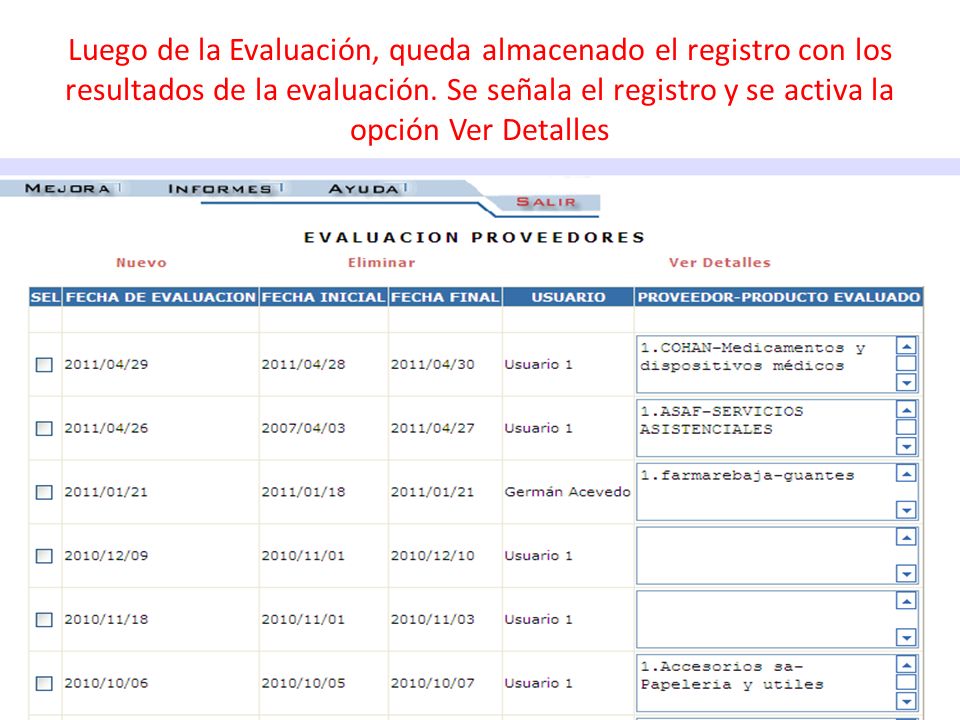 Luego de la Evaluación, queda almacenado el registro con los resultados de la evaluación.