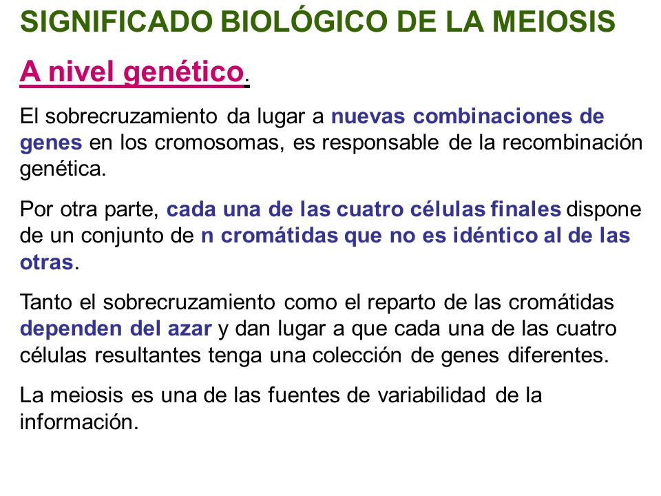 SIGNIFICADO BIOLÓGICO DE LA MEIOSIS A nivel genético.