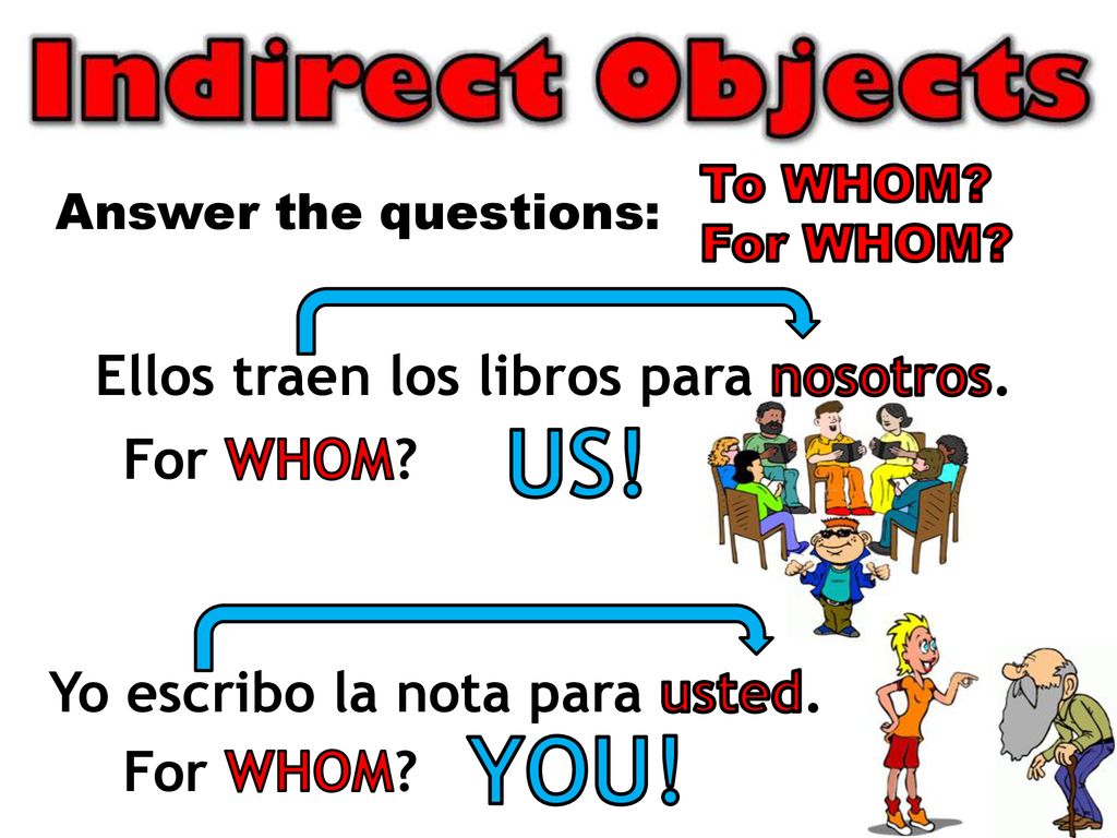 US! YOU! Ellos traen los libros para nosotros. For WHOM