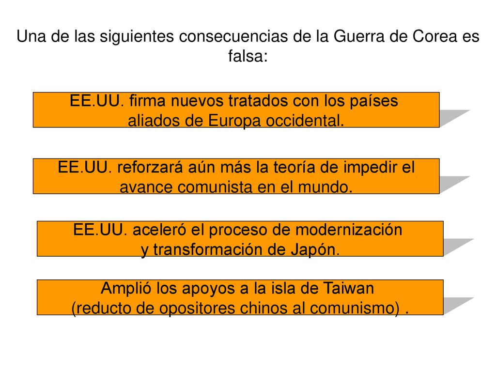 Una de las siguientes consecuencias de la Guerra de Corea es falsa: