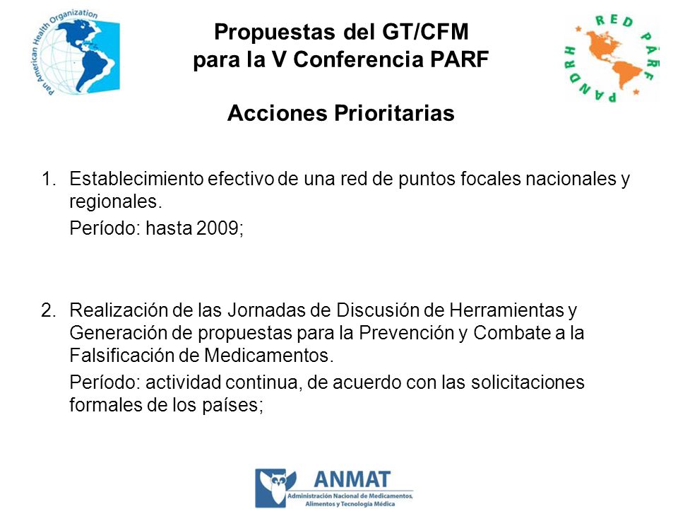 Propuestas del GT/CFM para la V Conferencia PARF Acciones Prioritarias