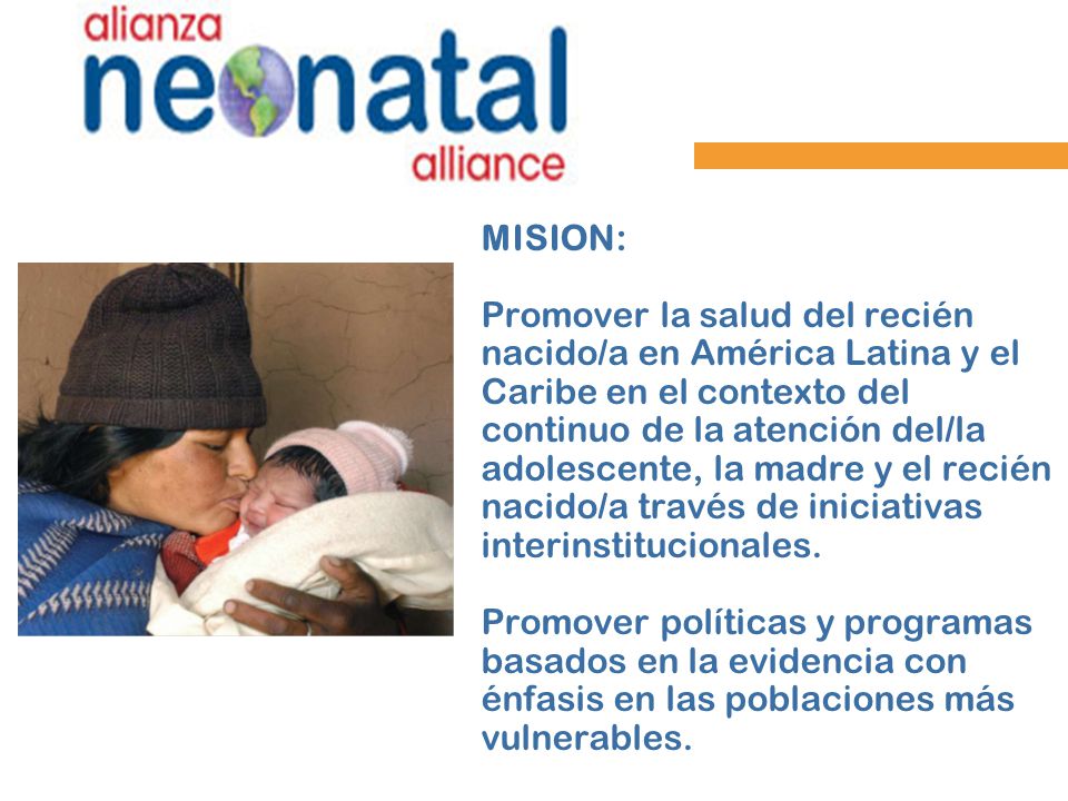 MISION: Promover la salud del recién nacido/a en América Latina y el Caribe en el contexto del continuo de la atención del/la adolescente, la madre y el recién nacido/a través de iniciativas interinstitucionales.