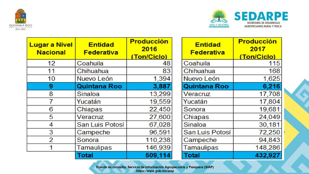 Fuente de consulta: Servicio de Información Agropecuaria y Pesquera (SIAP)