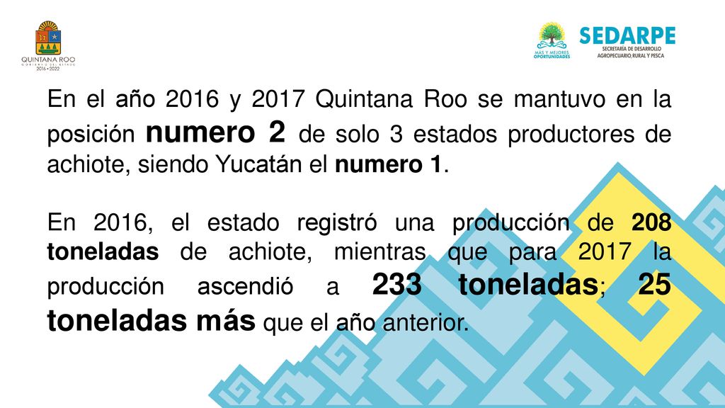 En el año 2016 y 2017 Quintana Roo se mantuvo en la posición numero 2 de solo 3 estados productores de achiote, siendo Yucatán el numero 1.
