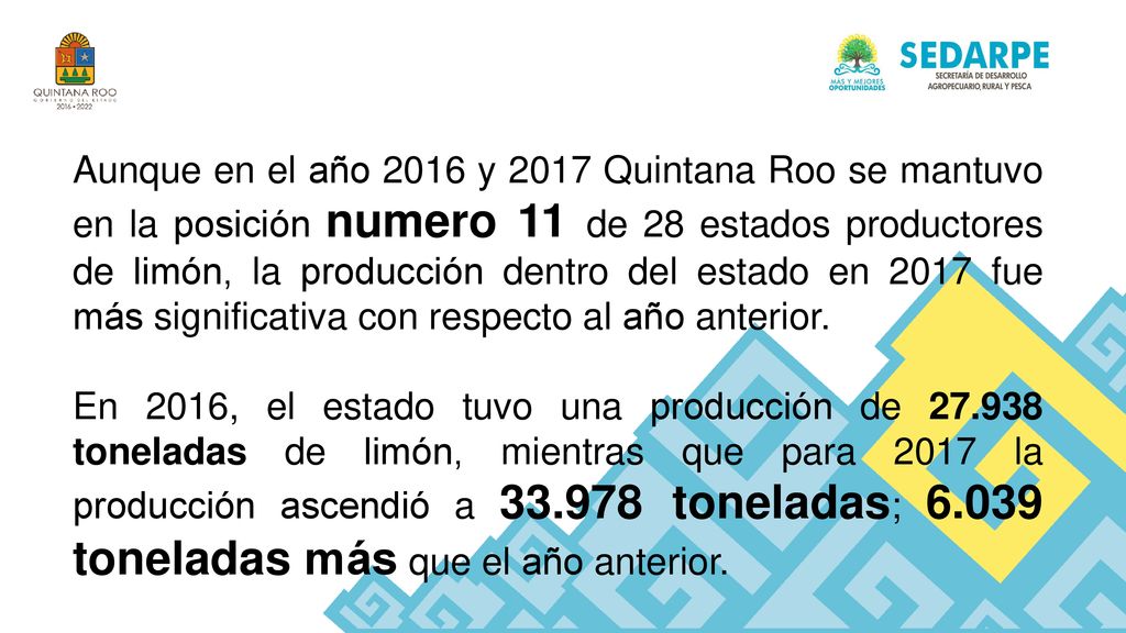 Aunque en el año 2016 y 2017 Quintana Roo se mantuvo en la posición numero 11 de 28 estados productores de limón, la producción dentro del estado en 2017 fue más significativa con respecto al año anterior.