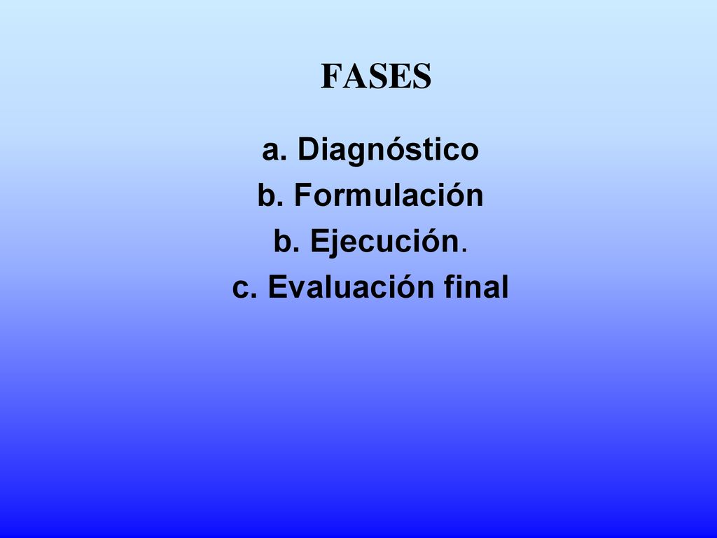 FASES a. Diagnóstico b. Formulación b. Ejecución. c. Evaluación final
