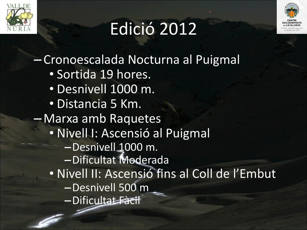 Edició 2012 Cronoescalada Nocturna al Puigmal Sortida 19 hores.