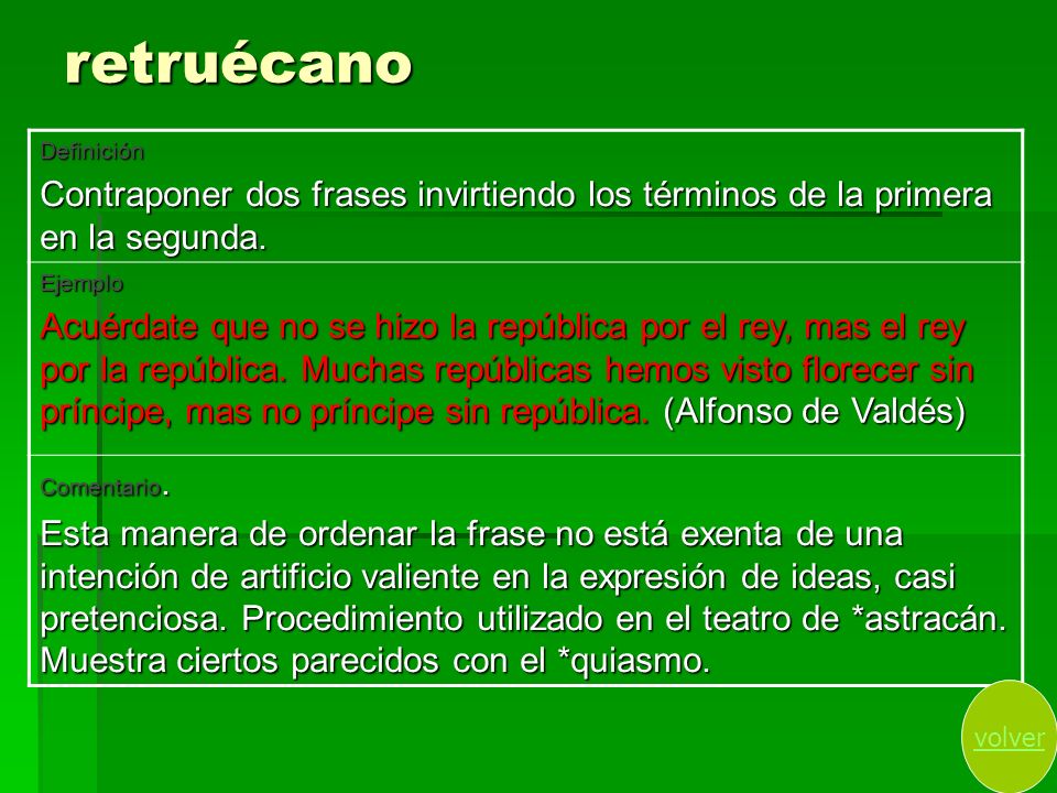 retruécano Definición. Contraponer dos frases invirtiendo los términos de la primera en la segunda.