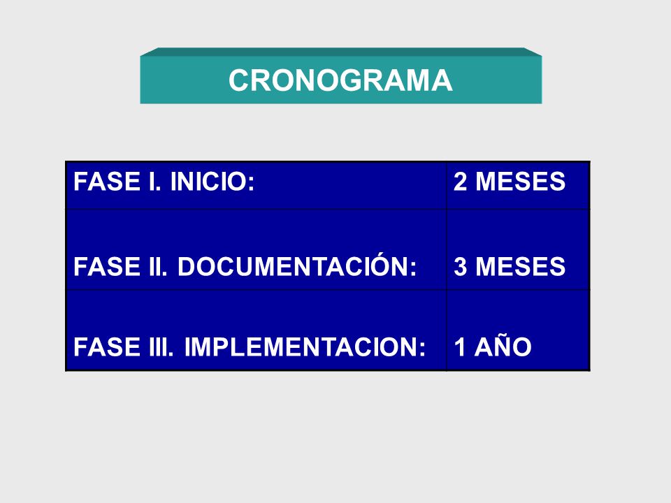 CRONOGRAMA FASE I. INICIO: 2 MESES FASE II. DOCUMENTACIÓN: 3 MESES