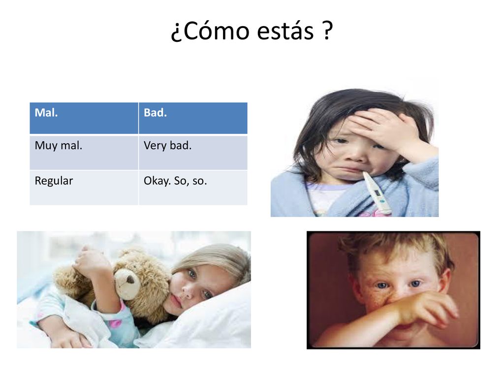 ¿Cómo estás Mal. Bad. Muy mal. Very bad. Regular Okay. So, so.