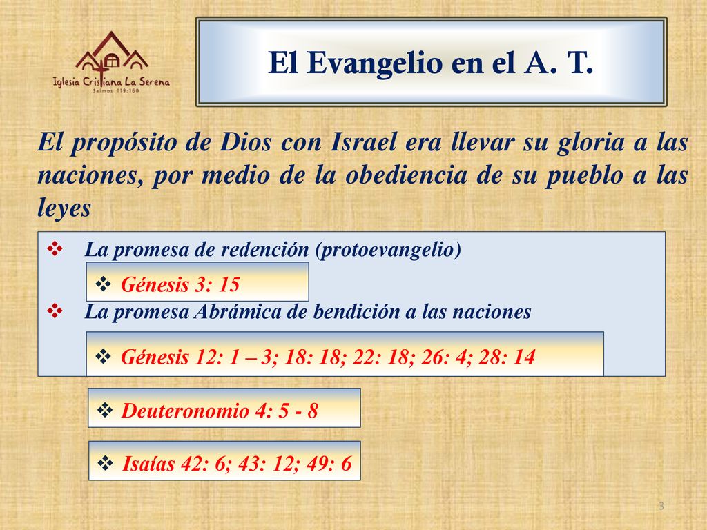 El Evangelio en el A. T. El propósito de Dios con Israel era llevar su gloria a las naciones, por medio de la obediencia de su pueblo a las leyes.