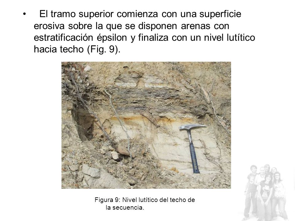 El tramo superior comienza con una superficie erosiva sobre la que se disponen arenas con estratificación épsilon y finaliza con un nivel lutítico hacia techo (Fig. 9).