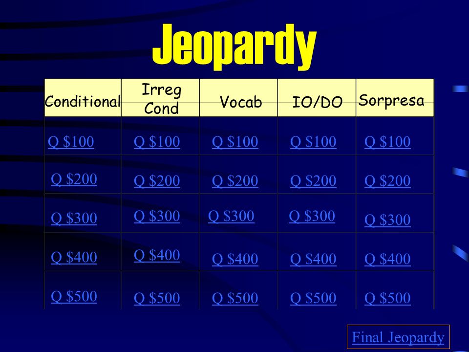 Jeopardy Irreg Cond Vocab Sorpresa Q $100 Q $100 Q $100 Q $100 Q $100
