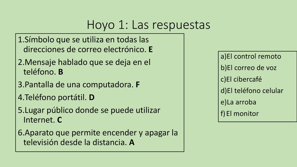 Hoyo 1: Las respuestas Símbolo que se utiliza en todas las direcciones de correo electrónico. E. Mensaje hablado que se deja en el teléfono. B.