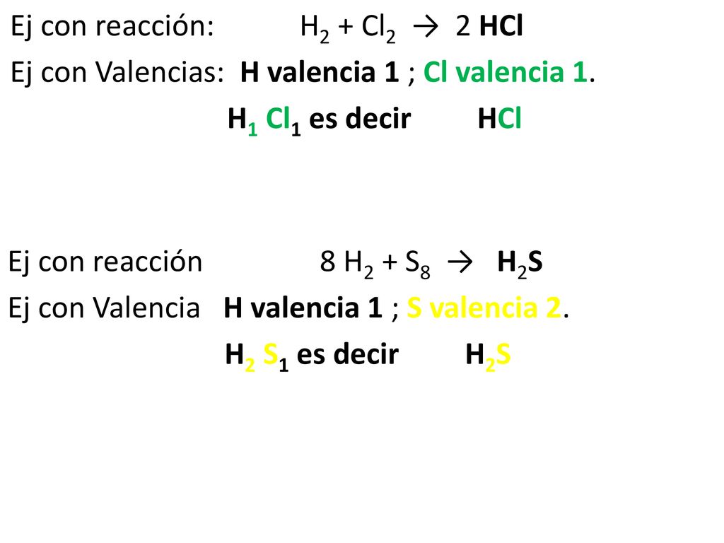 Ej con reacción: H2 + Cl2 → 2 HCl Ej con Valencias: H valencia 1 ; Cl valencia 1. H1 Cl1 es decir HCl