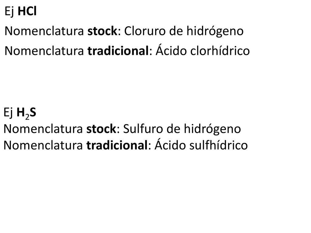 Ej HCl Nomenclatura stock: Cloruro de hidrógeno Nomenclatura tradicional: Ácido clorhídrico