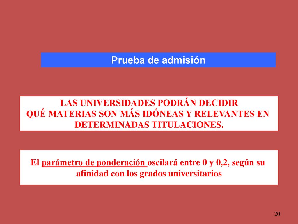 Prueba de admisión LAS UNIVERSIDADES PODRÁN DECIDIR QUÉ MATERIAS SON MÁS IDÓNEAS Y RELEVANTES EN DETERMINADAS TITULACIONES.