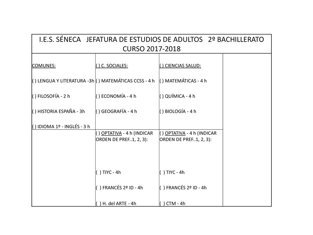 I.E.S. SÉNECA JEFATURA DE ESTUDIOS DE ADULTOS 2º BACHILLERATO CURSO