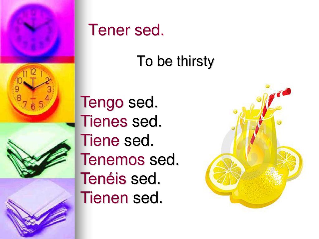 Tener sed. Tengo sed. Tienes sed. Tiene sed. Tenemos sed. Tenéis sed.