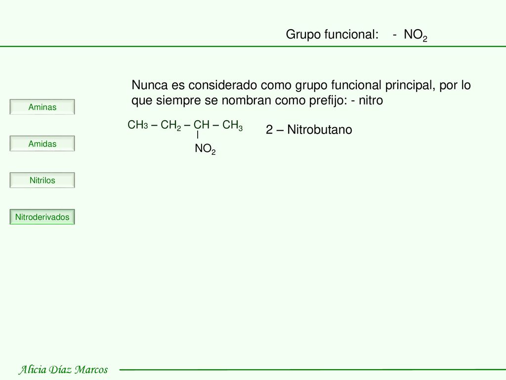 Grupo funcional: - NO2. Nunca es considerado como grupo funcional principal, por lo que siempre se nombran como prefijo: - nitro.