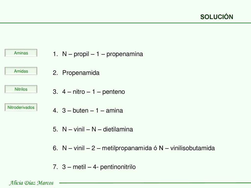 SOLUCIÓN N – propil – 1 – propenamina. Propenamida. 4 – nitro – 1 – penteno. 3 – buten – 1 – amina.