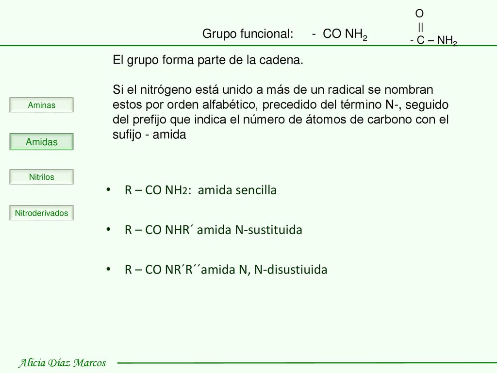 R – CO NH2: amida sencilla R – CO NHR´ amida N-sustituida