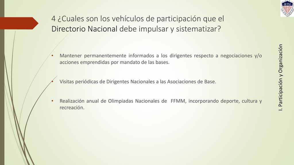 4 ¿Cuales son los vehículos de participación que el Directorio Nacional debe impulsar y sistematizar