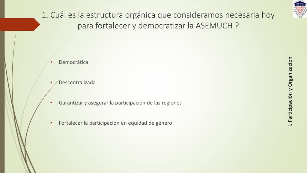 1. Cuál es la estructura orgánica que consideramos necesaria hoy para fortalecer y democratizar la ASEMUCH