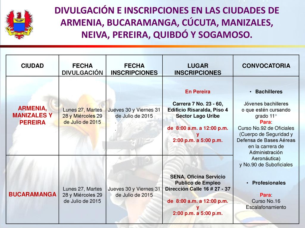 DIVULGACIÓN E INSCRIPCIONES EN LAS CIUDADES DE ARMENIA, BUCARAMANGA, CÚCUTA, MANIZALES, NEIVA, PEREIRA, QUIBDÓ Y SOGAMOSO.