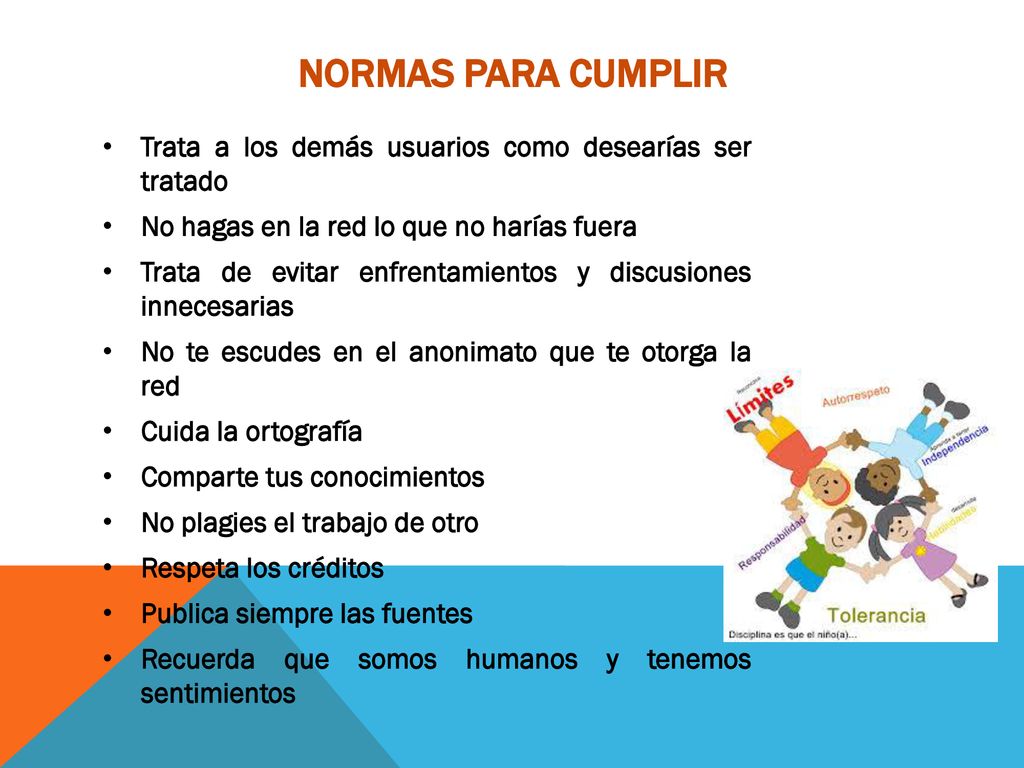 NORMAS PARA CUMPLIR Trata a los demás usuarios como desearías ser tratado. No hagas en la red lo que no harías fuera.