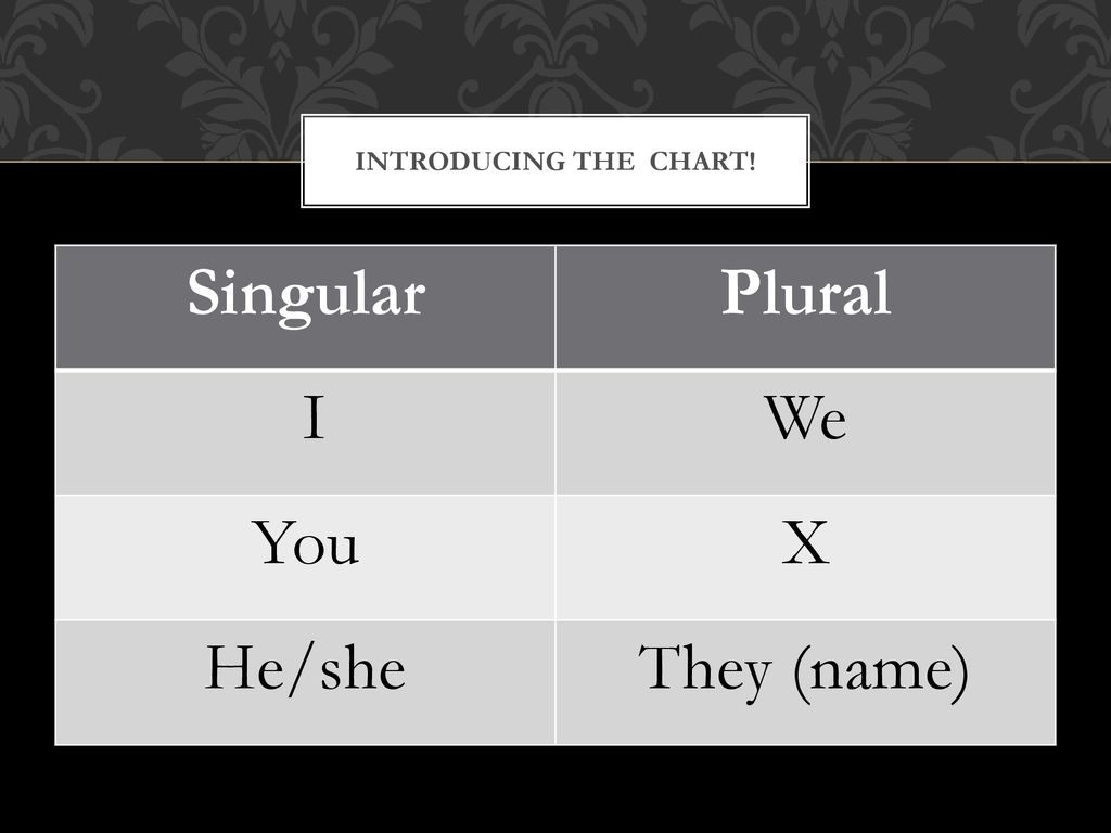 Introducing the chart! Singular Plural I We You X He/she They (name)
