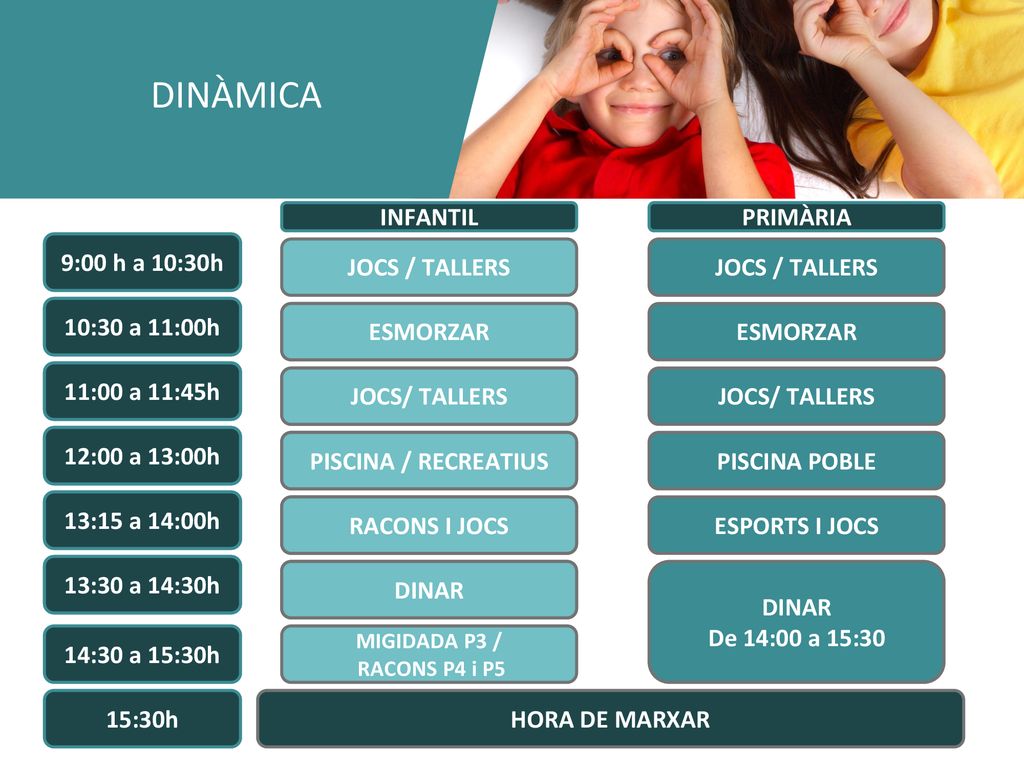 DINÀMICA INFANTIL PRIMÀRIA 9:00 h a 10:30h 9h a 10:30h JOCS / TALLERS