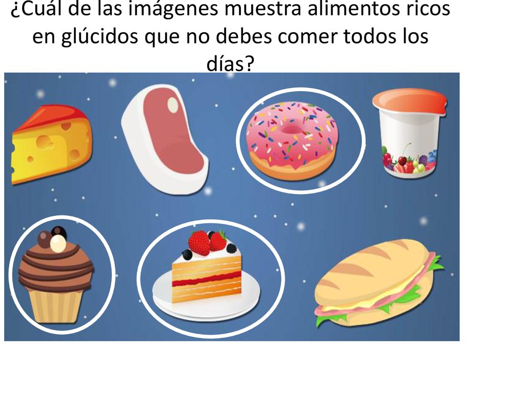 ¿Cuál de las imágenes muestra alimentos ricos en glúcidos que no debes comer todos los días