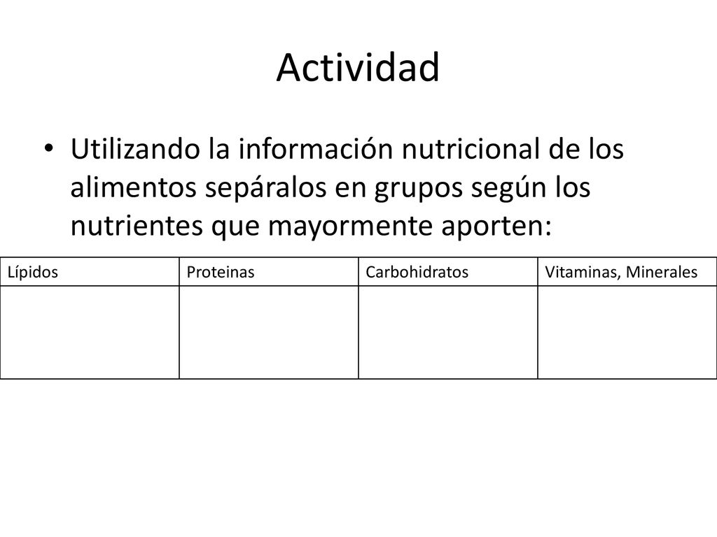 Actividad Utilizando la información nutricional de los alimentos sepáralos en grupos según los nutrientes que mayormente aporten: