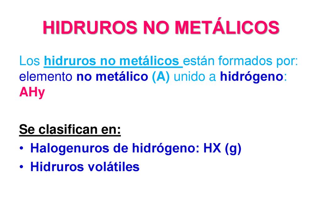 HIDRUROS NO METÁLICOS Los hidruros no metálicos están formados por: elemento no metálico (A) unido a hidrógeno: AHy.