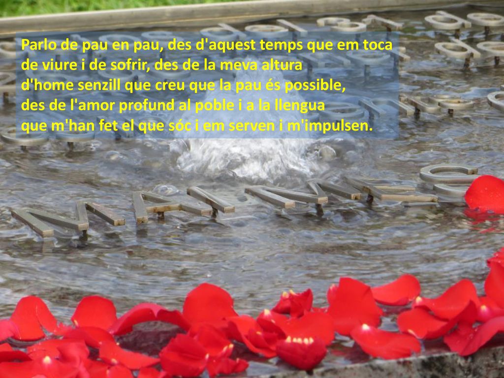 Parlo de pau en pau, des d aquest temps que em toca de viure i de sofrir, des de la meva altura d home senzill que creu que la pau és possible, des de l amor profund al poble i a la llengua que m han fet el que sóc i em serven i m impulsen.