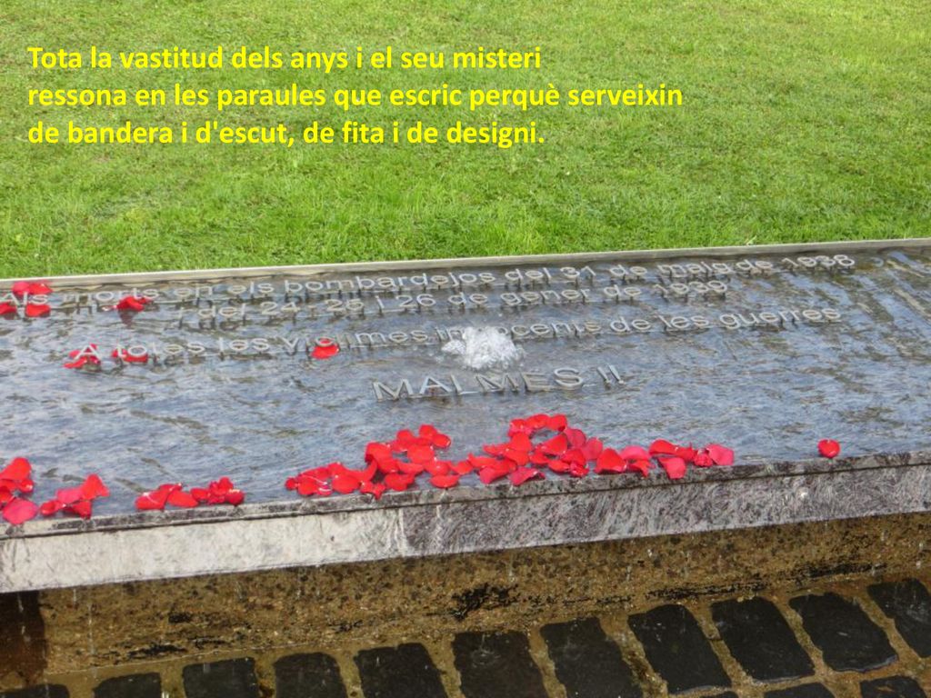 Tota la vastitud dels anys i el seu misteri ressona en les paraules que escric perquè serveixin de bandera i d escut, de fita i de designi.