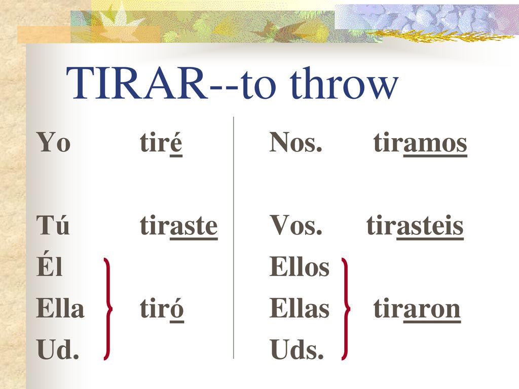 TIRAR--to throw Yo tiré Tú tiraste Él Ella tiró Ud. Nos. tiramos