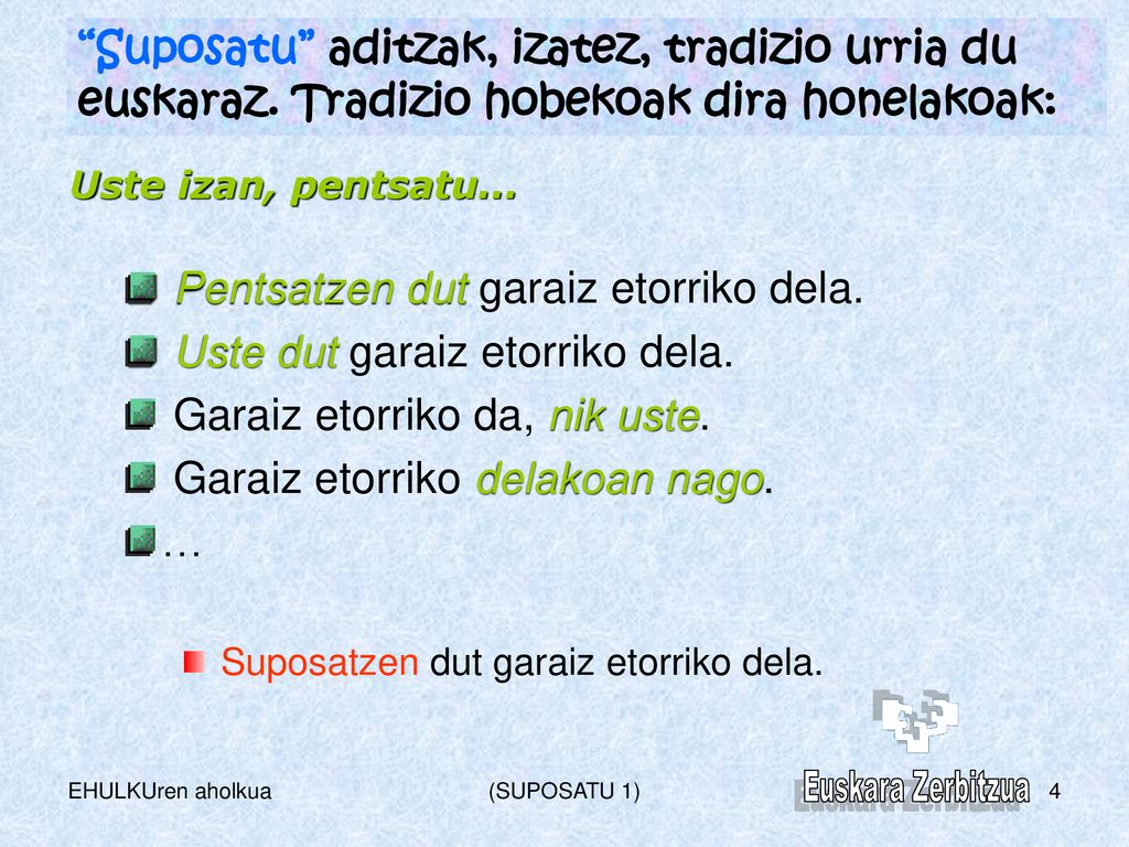 Pentsatzen dut garaiz etorriko dela. Uste dut garaiz etorriko dela.