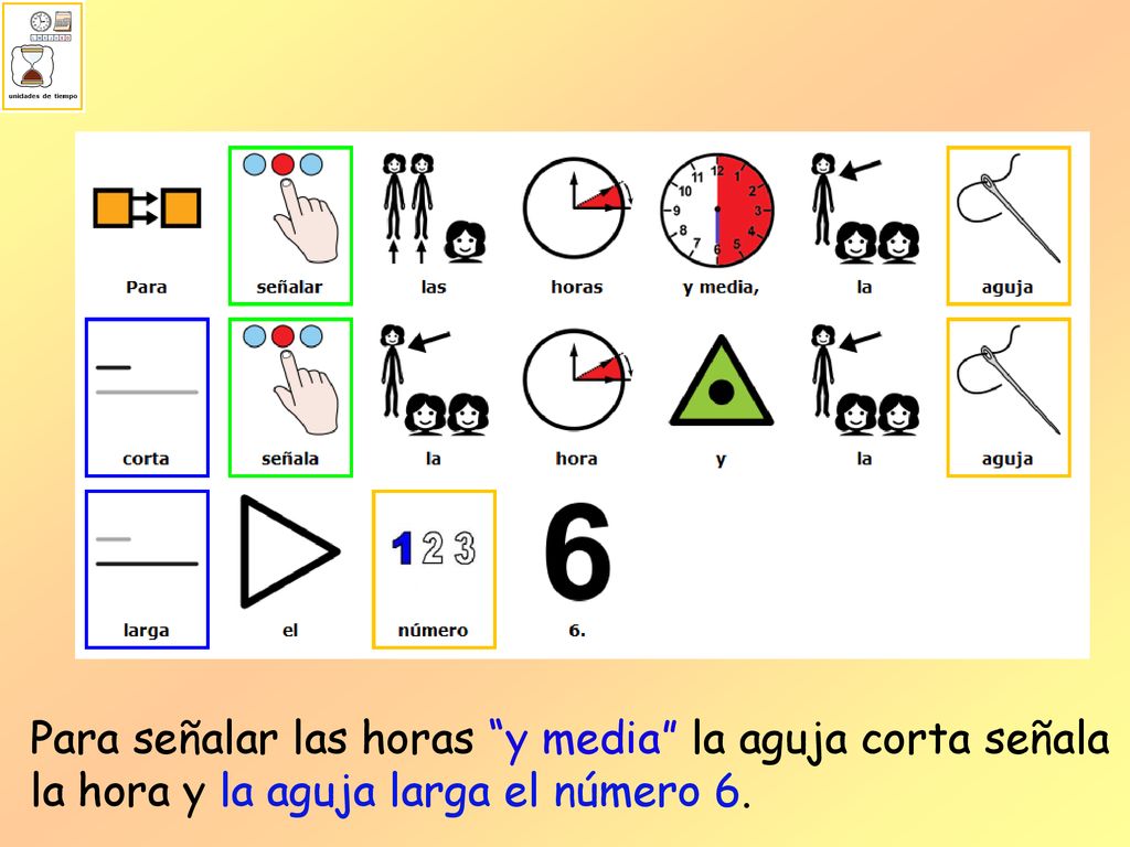 Para señalar las horas y media la aguja corta señala la hora y la aguja larga el número 6.