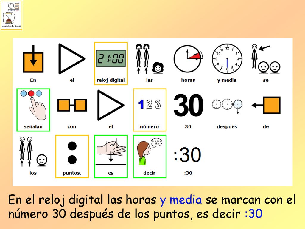 En el reloj digital las horas y media se marcan con el número 30 después de los puntos, es decir :30