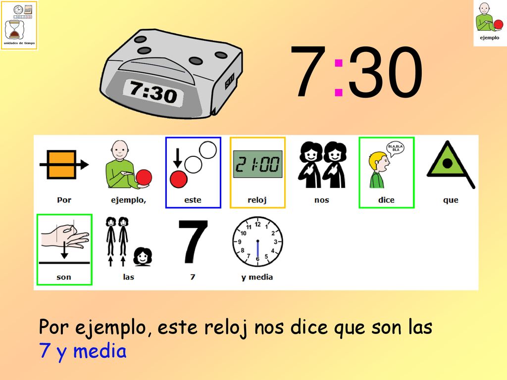 7:30 Por ejemplo, este reloj nos dice que son las 7 y media