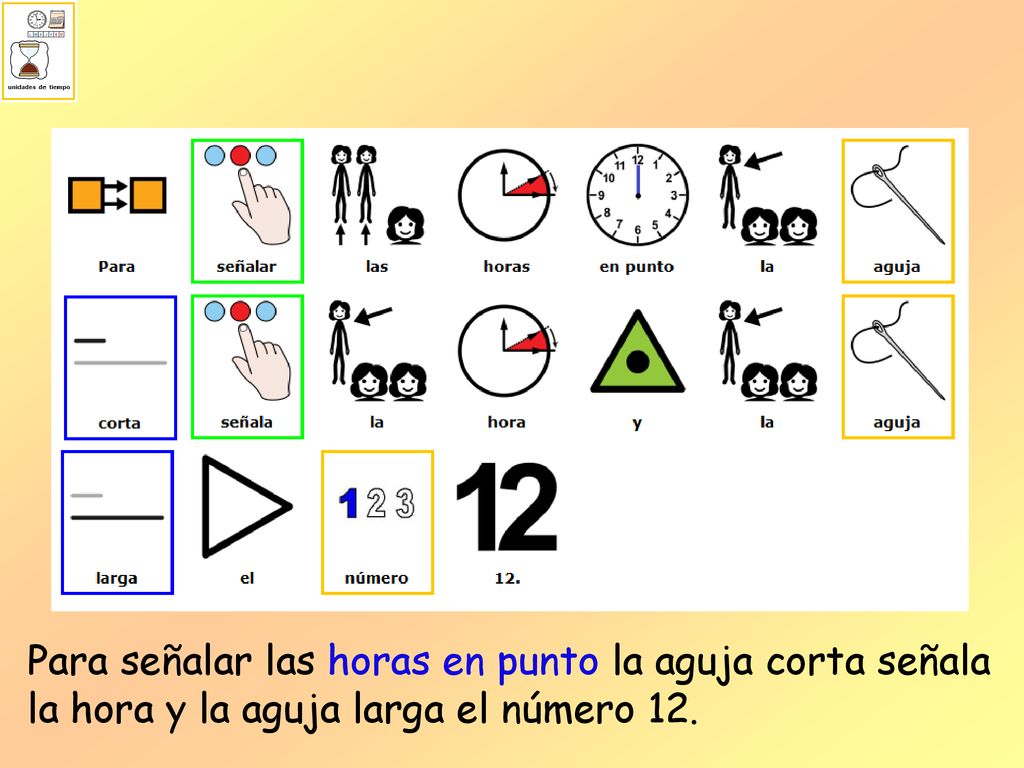 Para señalar las horas en punto la aguja corta señala la hora y la aguja larga el número 12.