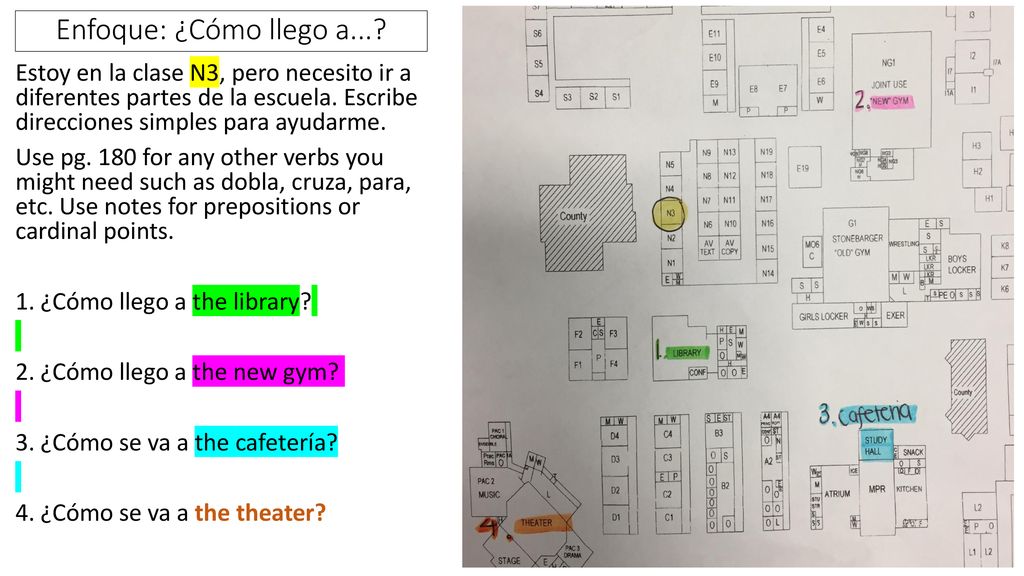 Enfoque: ¿Cómo llego a... Estoy en la clase N3, pero necesito ir a diferentes partes de la escuela. Escribe direcciones simples para ayudarme.