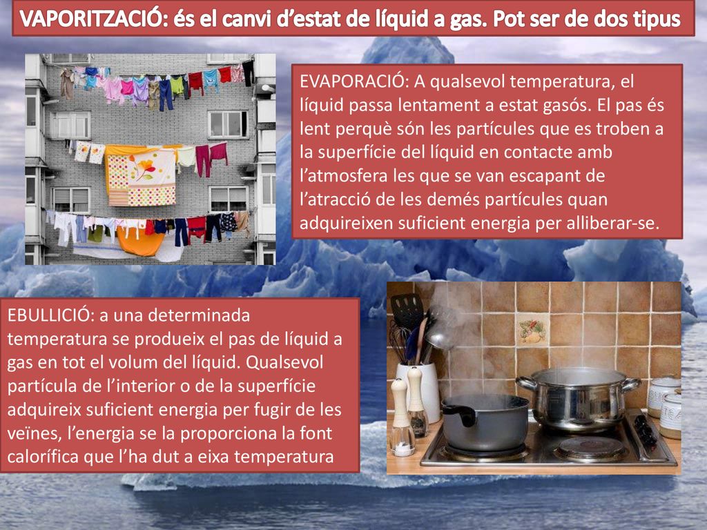 VAPORITZACIÓ: és el canvi d’estat de líquid a gas. Pot ser de dos tipus