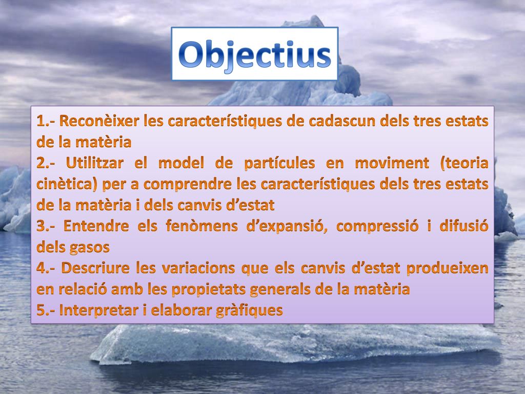 Objectius 1.- Reconèixer les característiques de cadascun dels tres estats de la matèria.