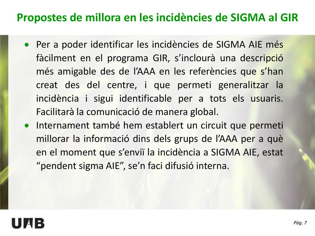 Propostes de millora en les incidències de SIGMA al GIR